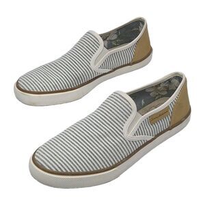 Tommy Bahama Shoes Women 9.5 Gray White Tan Stripe Slip On Sneakers Flat Beachy